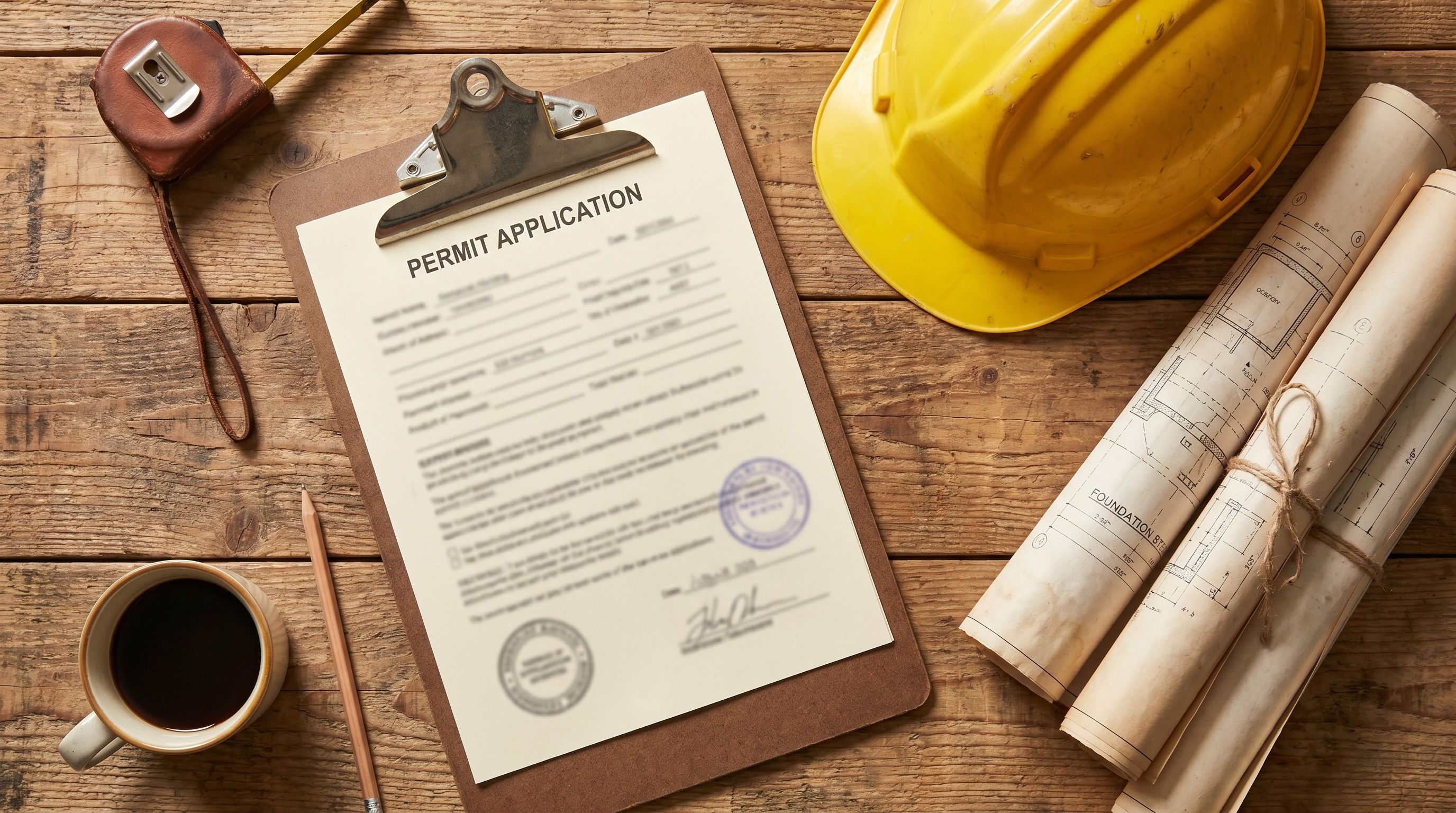 Permit paperwork, hard hat, and rolled blueprints on a Tennessee contractor's workbench