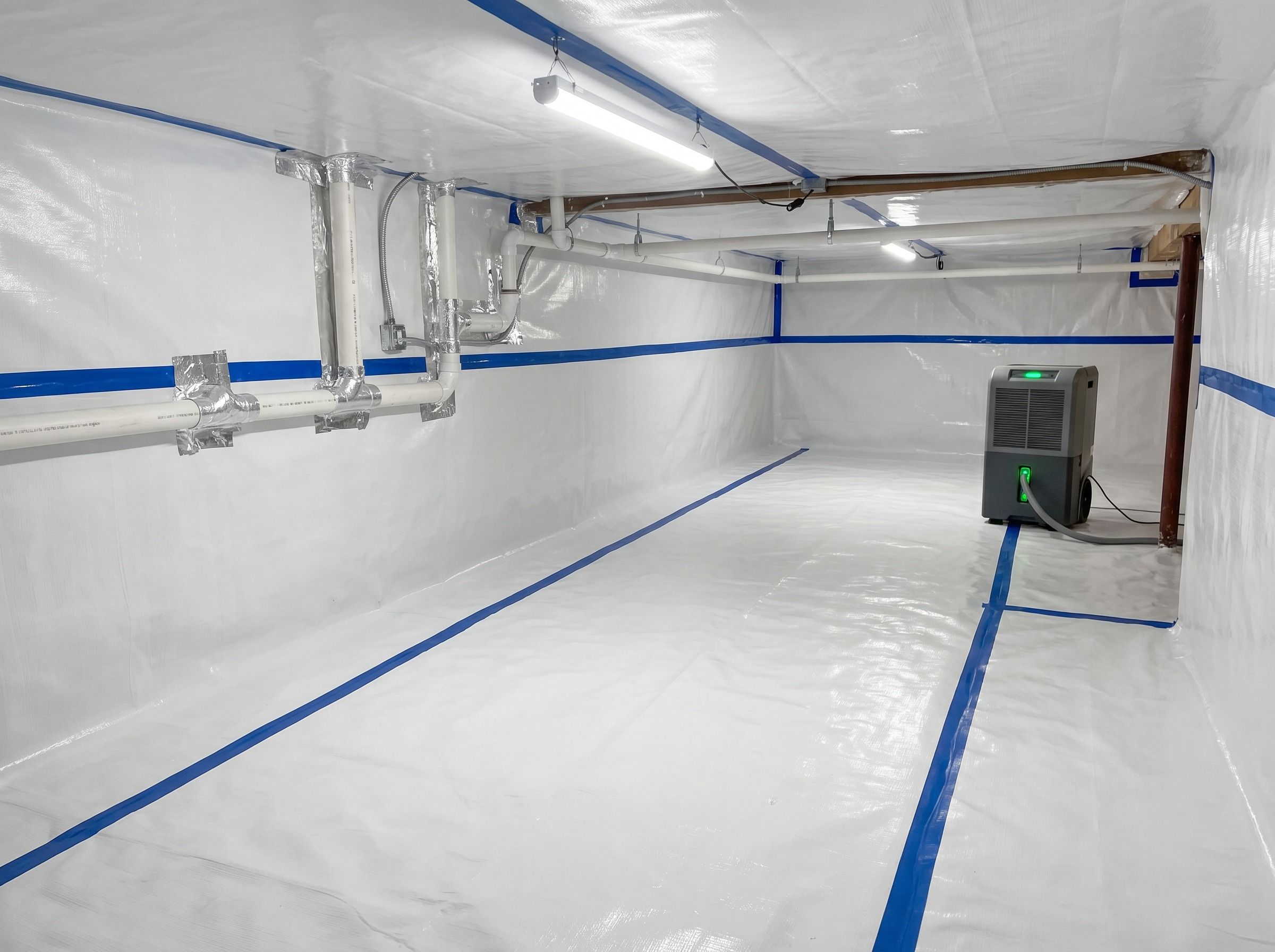 Completed crawl space encapsulation showing every stage of the install process
