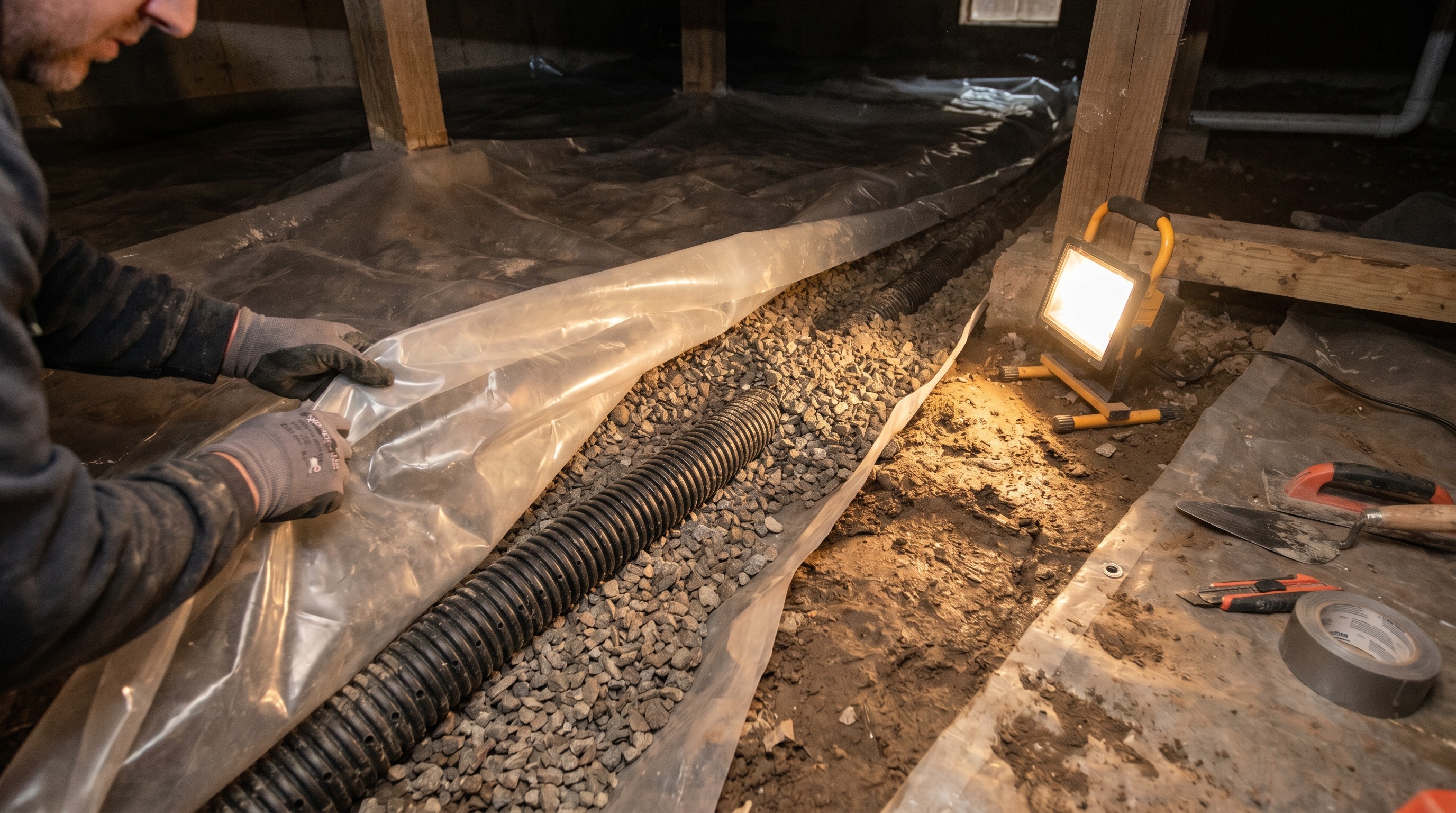 French Drain Installation in a Tennessee residential crawl space