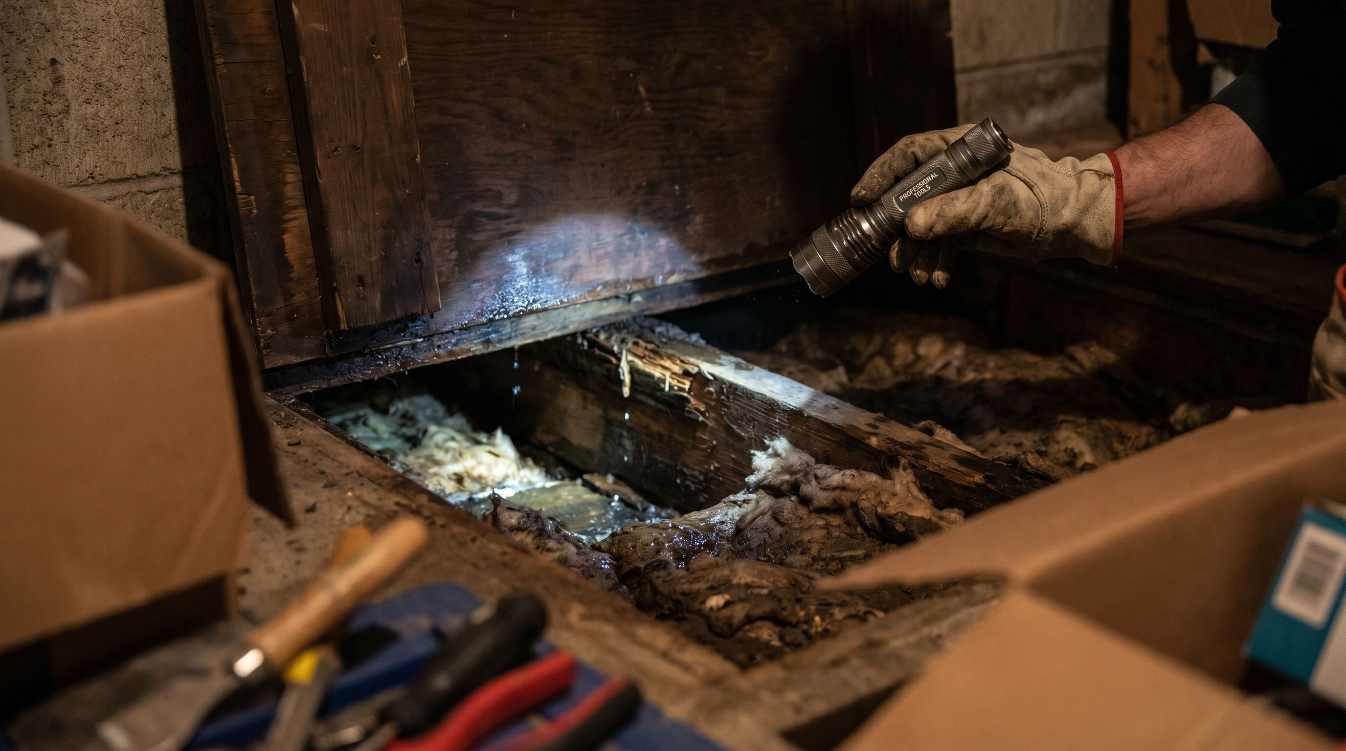 Flashlight beam revealing moisture damage inside a Tennessee crawl space